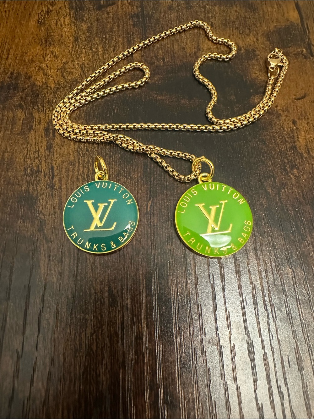 Louis Vuitton Gold Chain with Green and Teal Enamel LV Pendants